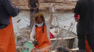Ribereno from Guasimas plucks shrimp from his net