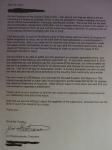 Letter to non paying Country Club residents